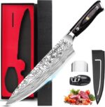 MOSFiATA 8 inch Super Sharp Professional Chef's Knife with Finger Guard and Knife Sharpener, German High Carbon Stainless Steel EN1.4116 with Micarta Handle and Gift Box